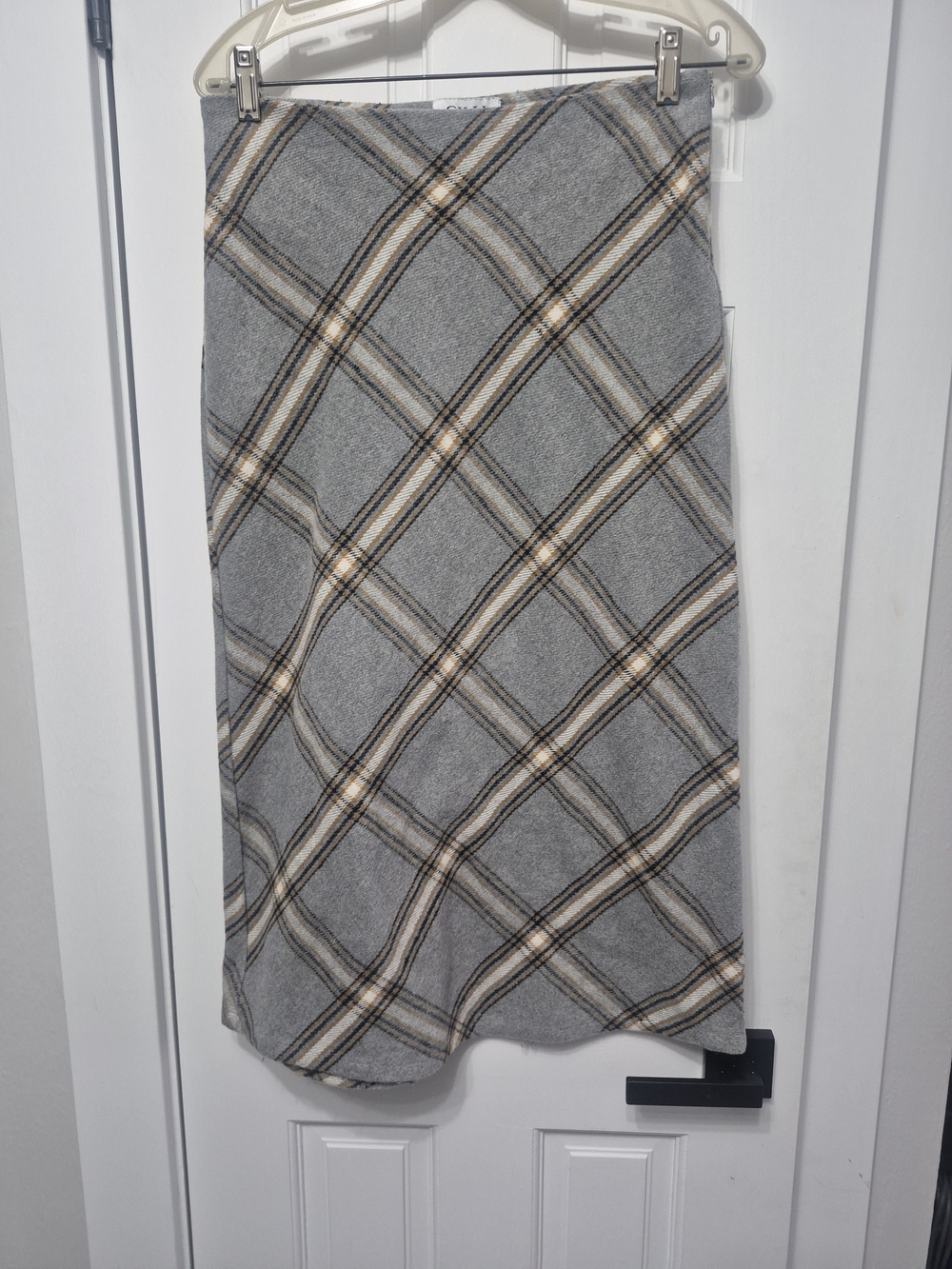 Gilli Gray Plaid Midi Skirt with Cream & Tan Accents